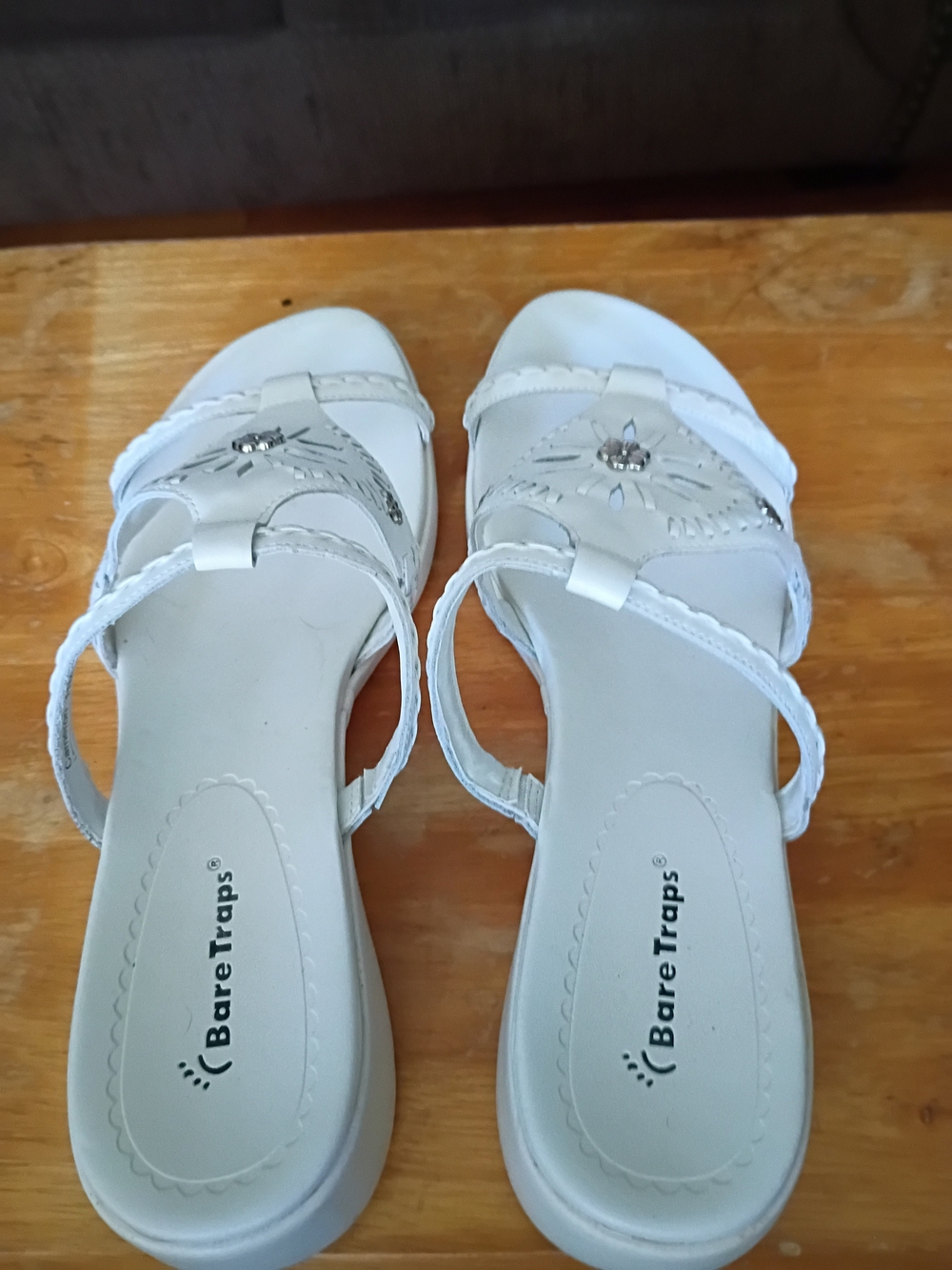 BareTraps White Braided Strap Women's Slide Sandals with Floral Cutout